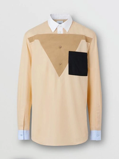Shop Burberry Classic Fit Pocket Detail Colour Block Cotton Shirt In Buttermilk