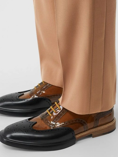 Shop Burberry Stripe Detail Wool Tailored Trousers In Warm Camel