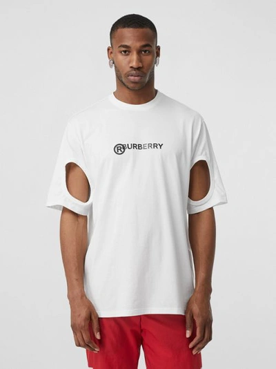 Shop Burberry Cut-out Detail Logo Print Cotton T-shirt In Optic White