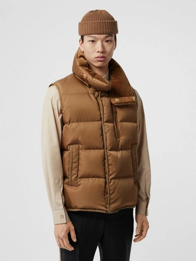 Shop Burberry Velvet Trim Down-filled Nylon Puffer Gilet In Warm Walnut