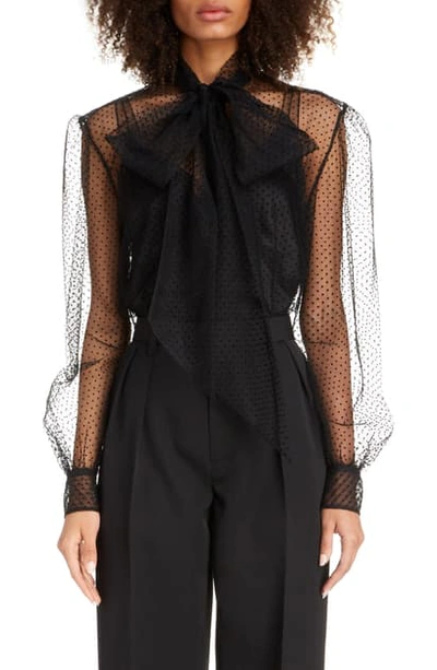 Shop Marc Jacobs Polka Dot Tie Neck Sheer Tulle Blouse In Black