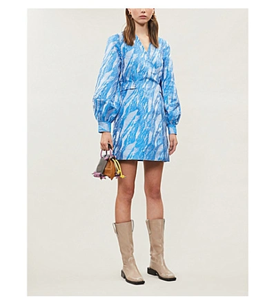 Shop Ganni Graphic-print Jacquard Mini Wrap Dress In Azure Blue