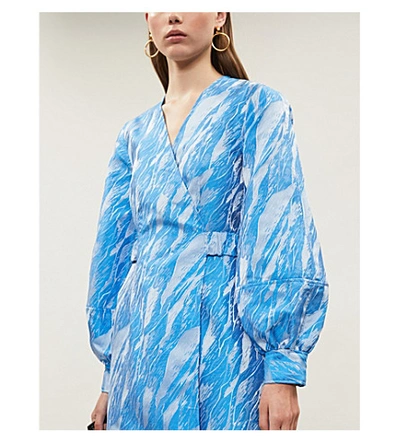 Shop Ganni Graphic-print Jacquard Mini Wrap Dress In Azure Blue