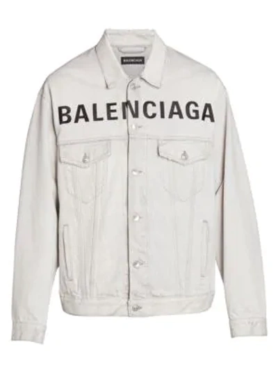 Shop Balenciaga Men's Oversized Logo Denim Jacket In Cement Grey