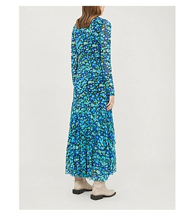 Shop Ganni Floral-print Wrap Over Stretch-mesh Maxi Dress In Azure Blue