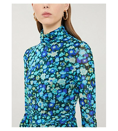 Shop Ganni Floral-print Turtleneck Stretch-mesh Top In Azure Blue