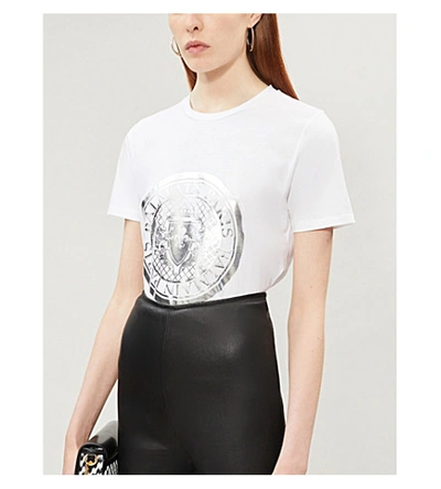 Shop Balmain Metallic Logo Coin-print Cotton-jersey T-shirt In Blanc Argent