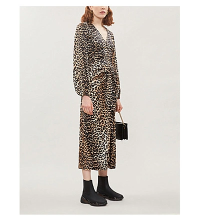 Shop Ganni Leopard-print Silk-blend Midi Skirt