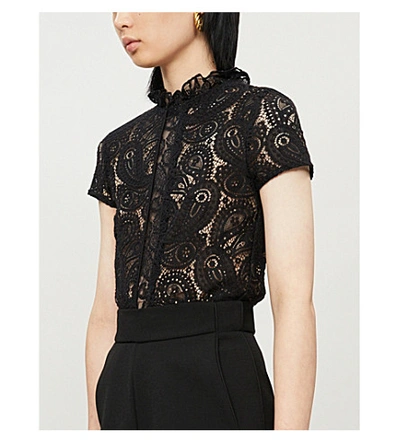 Shop Maje Ilo Ruffled-trim Lace-panelled Crepe Playsuit In Black