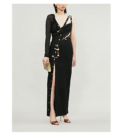 Shop Versace Safety Pin-detail Stretch-jersey And Crepe Maxi Dress In Black