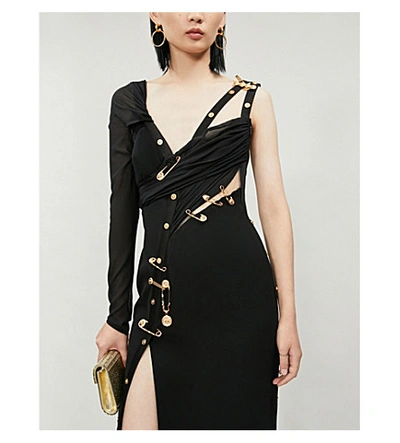 Shop Versace Safety Pin-detail Stretch-jersey And Crepe Maxi Dress In Black