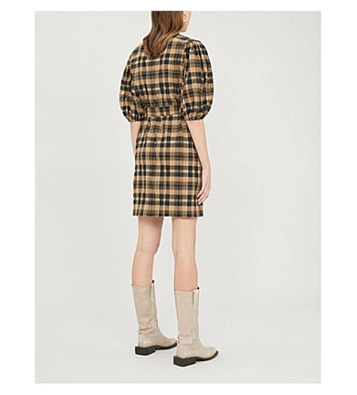 Shop Ganni Puffed-sleeve Checked Cotton-blend Mini Dress In Tigers Eye