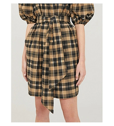 Shop Ganni Puffed-sleeve Checked Cotton-blend Mini Dress In Tigers Eye