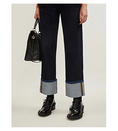 Shop Valentino Logo-print Wide-leg High-rise Jeans In Dark Denim