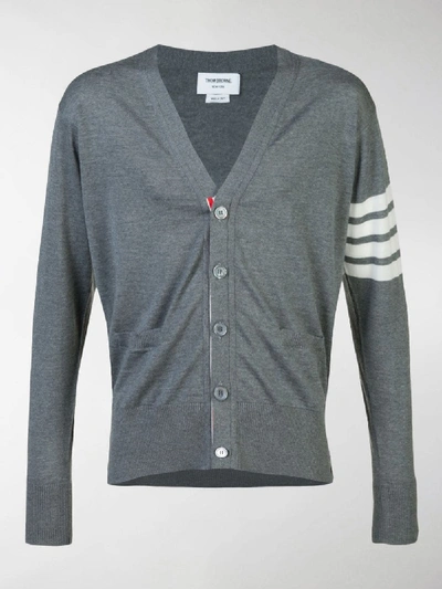 Shop Thom Browne V-neck Cardigan With 4-bar Stripe In Medium Grey Merino