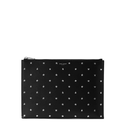 Shop Saint Laurent Black Star-print Leather Pouch In Black And Silver