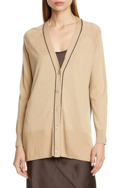Shop Atm Anthony Thomas Melillo Spring Colorblock Silk, Wool & Cashmere Cardigan In Latte/ Charcoal Combo