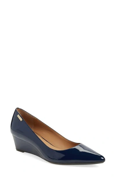 Shop Calvin Klein 'germina' Pointy Toe Wedge In Navy Patent Leather