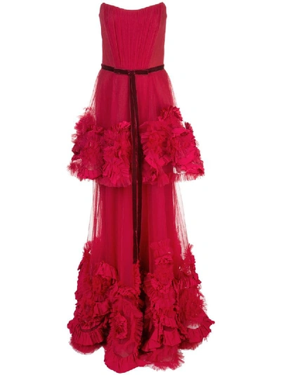 Shop Marchesa Notte Ruffled Appliqué Strapless Gown In Red