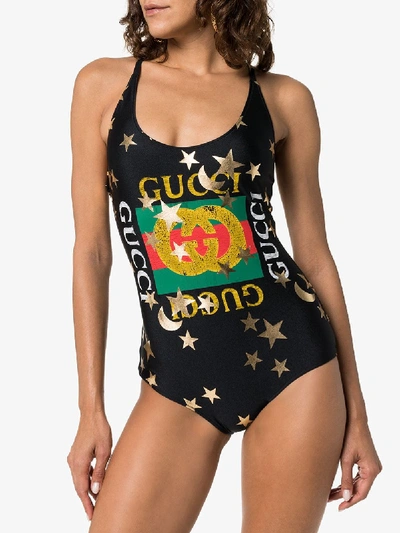 Shop Gucci Logo Swimsuit In Black
