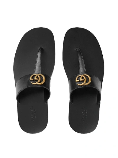 Shop Gucci Leather Thongs With Double G Logo In Black