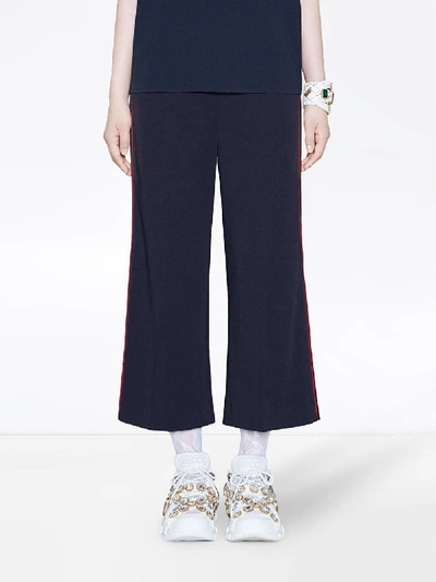 Shop Gucci Side Stripe Web Band Trousers In Blue