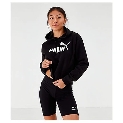 Shop Puma Women's Elevated Essentials Cropped Fleece Hoodie In Black