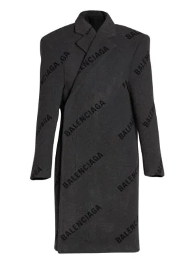 Shop Balenciaga Structured Logo Print Virgin-wool Coat In Anthracite
