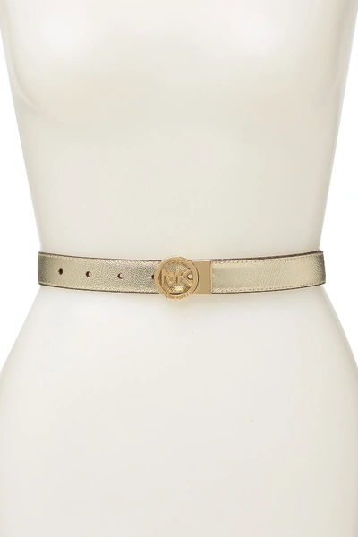 Shop Michael Michael Kors Reversible Logo Plaque Belt In Gold/acorn