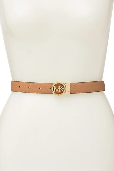 Shop Michael Michael Kors Reversible Logo Plaque Belt In Gold/acorn