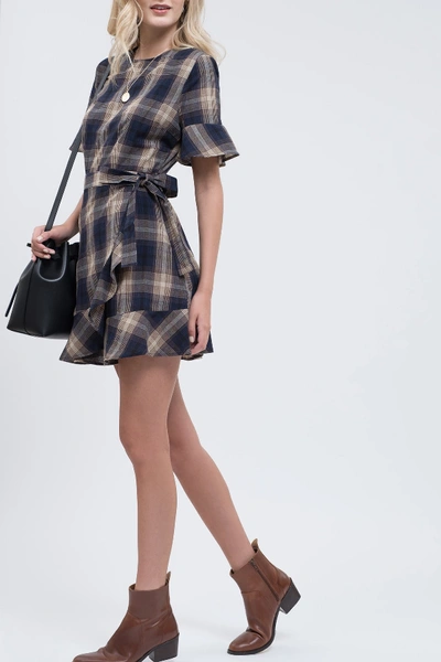 Shop Blu Pepper Plaid Flounce Wrap Dress In Navy Multi