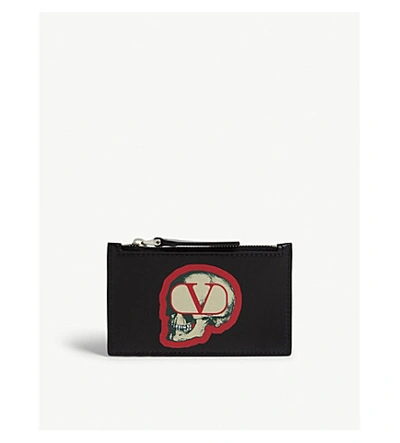 Shop Valentino X Undercover Skull Logo Leather Card Wallet In Black