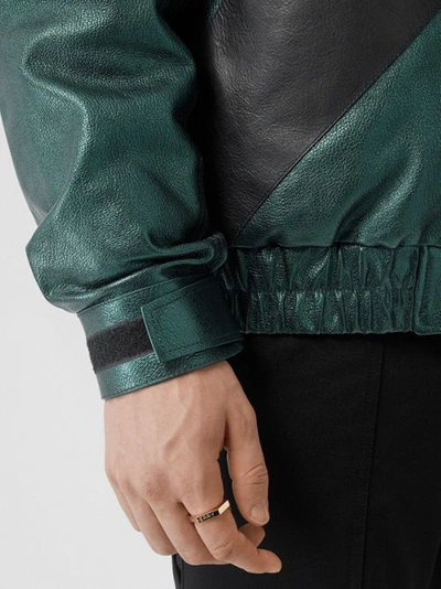 Shop Burberry Metallic Leather Jacket With Detachable Warmer In Metallic Green