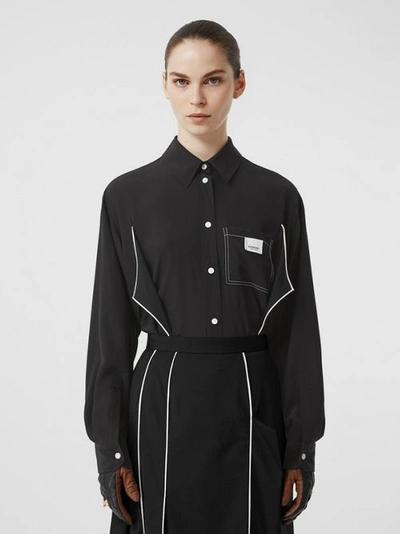 Shop Burberry Piping Detail Silk Oversized Shirt And Tie Twinset In Black