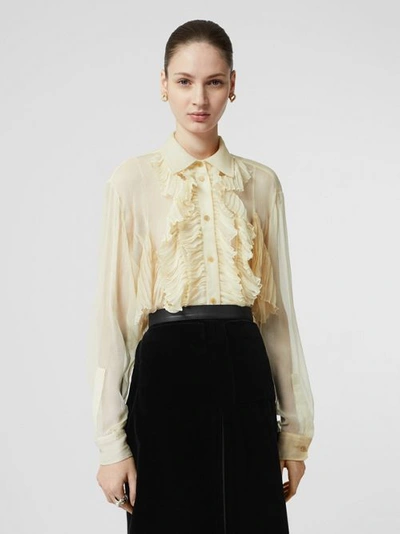 Shop Burberry Ruffle Detail Crepe De Chine Oversized Blouse In Light Oatmeal