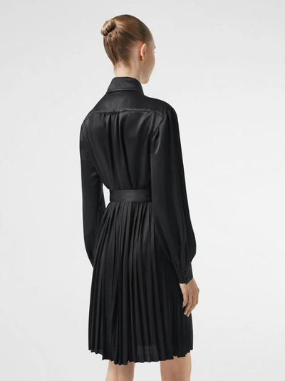 Shop Burberry Pleated Silk Satin And Jersey Tie-waist Shirt Dress In Black