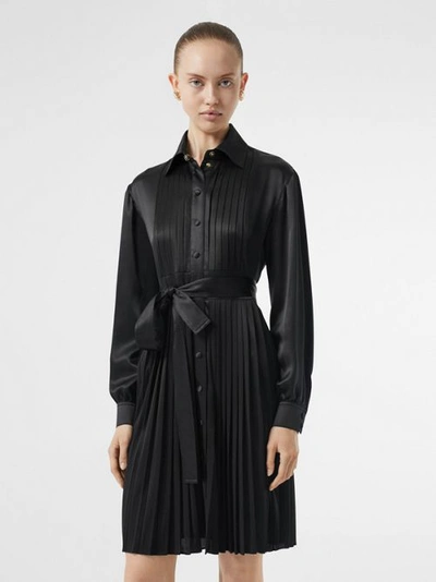 Shop Burberry Pleated Silk Satin And Jersey Tie-waist Shirt Dress In Black