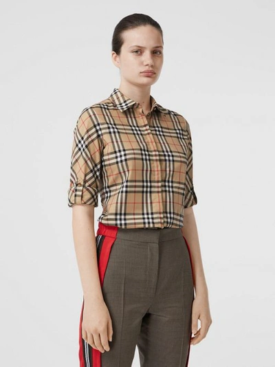 Shop Burberry Vintage Check Stretch Cotton Twill Shirt In Archive Beige