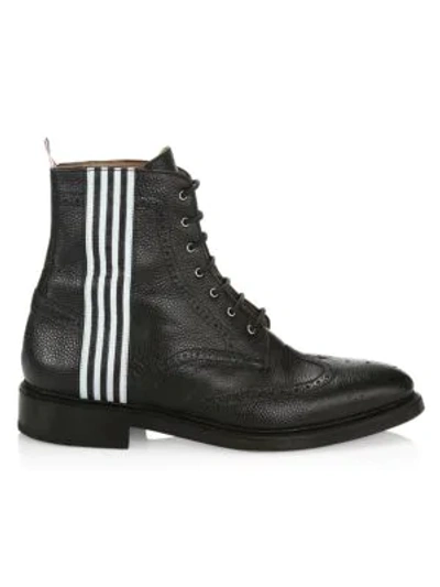 Shop Thom Browne Striped Pebbled-leather Wingtip Boots In Black