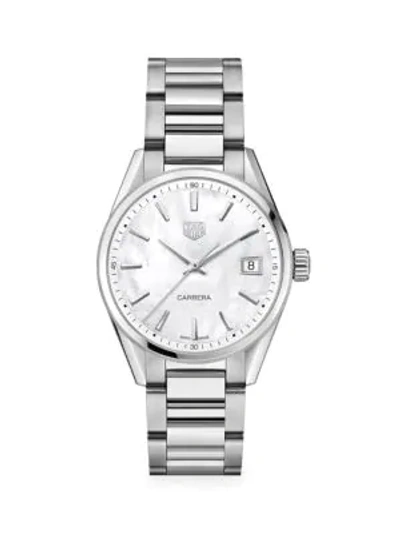 Shop Tag Heuer Carrera 36mm Stainless Steel, Mother-of-pearl & Diamond Quartz Bracelet Watch In Silver