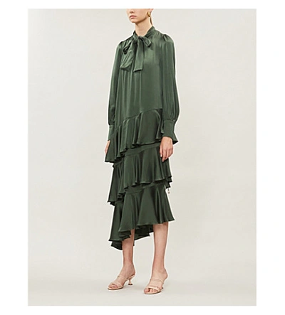 Shop Zimmermann Espionage Tiered Silk Midi Dress In Hunter