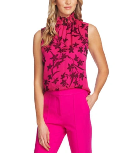 Shop Vince Camuto Printed Ruffled-neck Blouse In Pink Shock