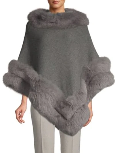 Shop Belle Fare Fox Fur-trim Wool-blend Poncho In Grey