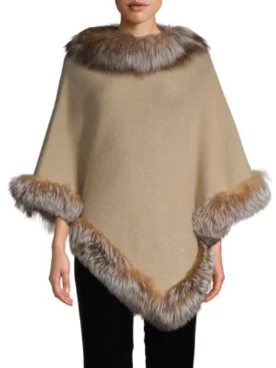 Shop Belle Fare Fox Fur-trim Wool-blend Cashmere Poncho In Oatmeal Cream
