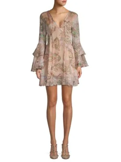 Shop Avantlook Printed Petal-sleeve Mini Dress In Beige