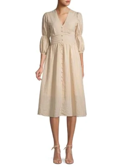 Shop Avantlook Seersucker Stripe Puff-sleeve Dress In Beige