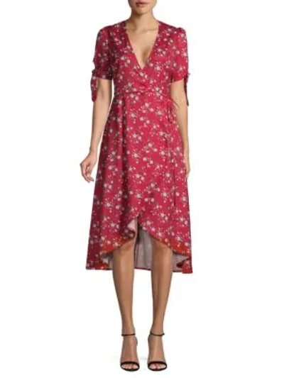 Shop Avantlook Floral-print High-low Faux Wrap Dress In Red Multi