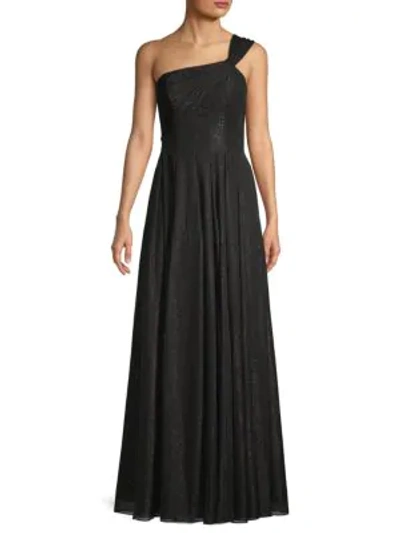 Shop Carmen Marc Valvo Infusion Sparkle Chiffon One-shoulder Gown In Black