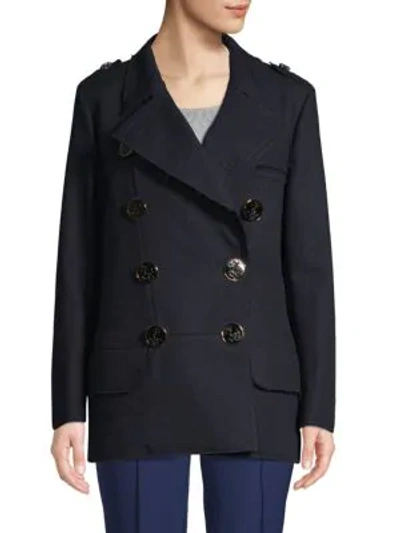 Shop Dolce & Gabbana Double Breasted Cotton Coat In Navy