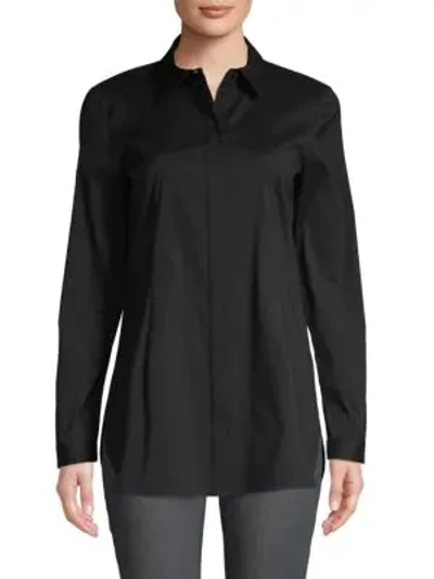 Shop Lafayette 148 Spread-collar Cotton-blend Shirt In Black